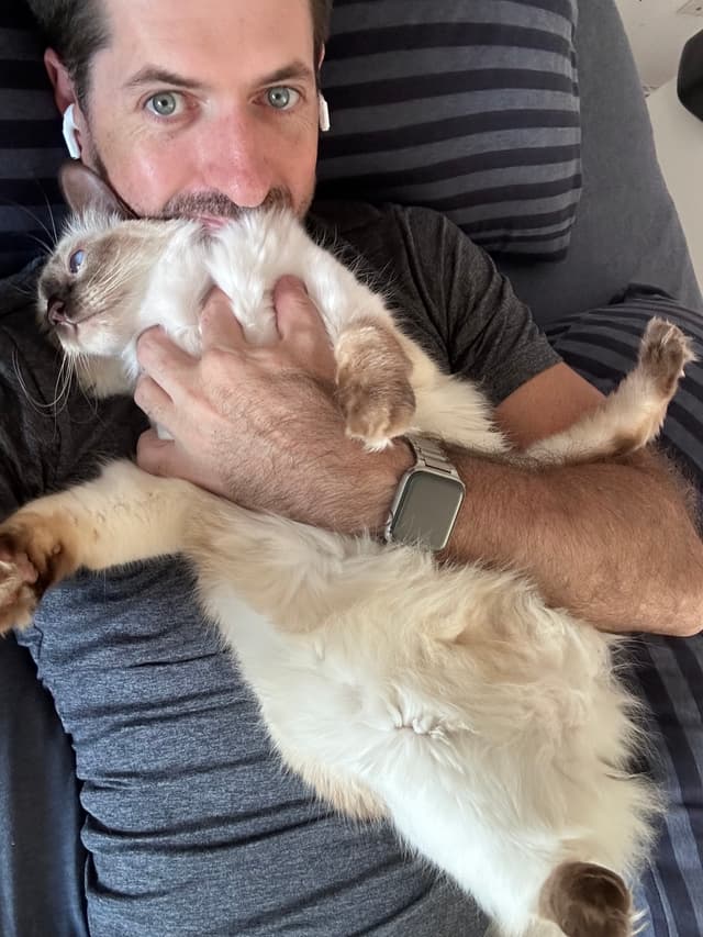 A person lying on a couch, holding a fluffy cat, wearing a gray shirt and a smartwatch, with earbuds in their ears